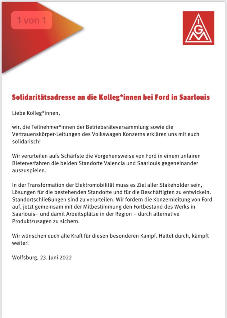 Solidarität mit den Beschäftigten bei Ford in Saarlouis
